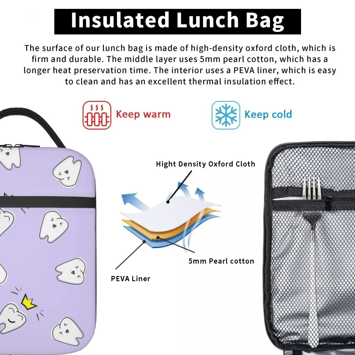 Tooth Dentist Nursery Print Violet Insulated Lunch Bag for Women Kids Portable Food Boxes Thermal Lunch Box Tote