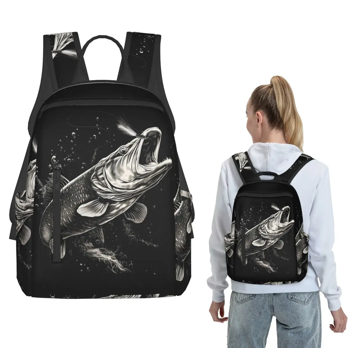 Fishing Lover Pike Fish Design Backpack Daypack Boys Girls BookBag School Bag Shoulder Bags for Men Women