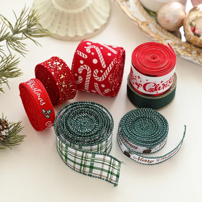 2m Red Christmas Ribbon Lattice Sequin Imitation Hemp Handmade Bow Xmas Tree Pandent Gift Packaging Decoration Craft Supplies