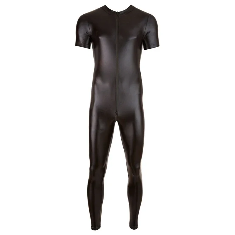 Men Sexy Wetlook Faux Leather Catsuit PVC Latex Bodysuit Gay Zipper Open Crotch Clubwear Erotic Pole Dance Lingerie