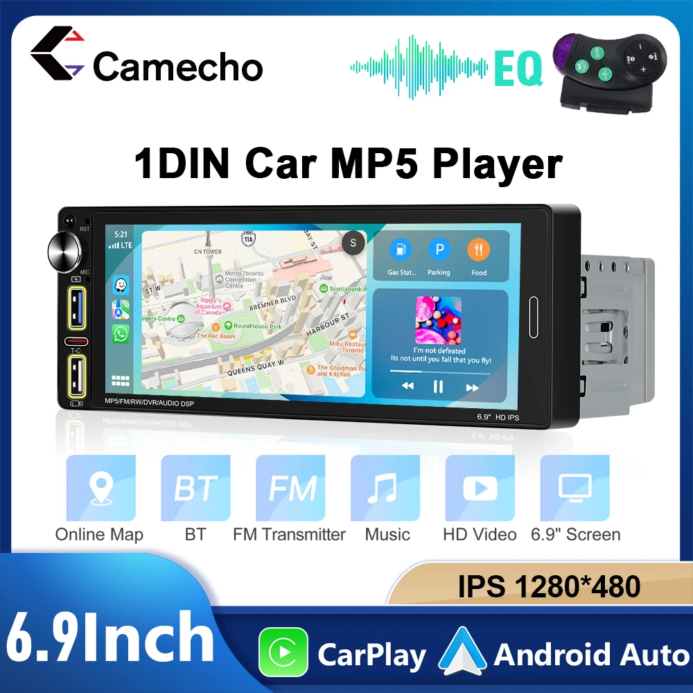 Camecho Wireless Carplay Android Auto 1 Din Autoradio 6,9'' IPS Bildschirm MP5 Multimedia Player Bluetooth Audio Dual USB/Typ-C