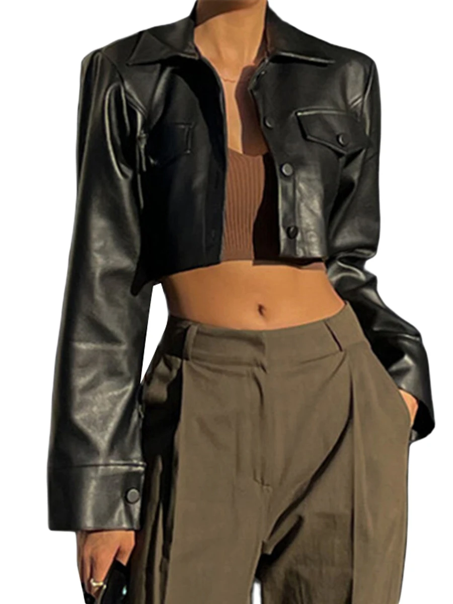 

Women s Long Sleeve Cropped Leather Jacket Solid Color Casual Button Down Jacket Fall Outerwear