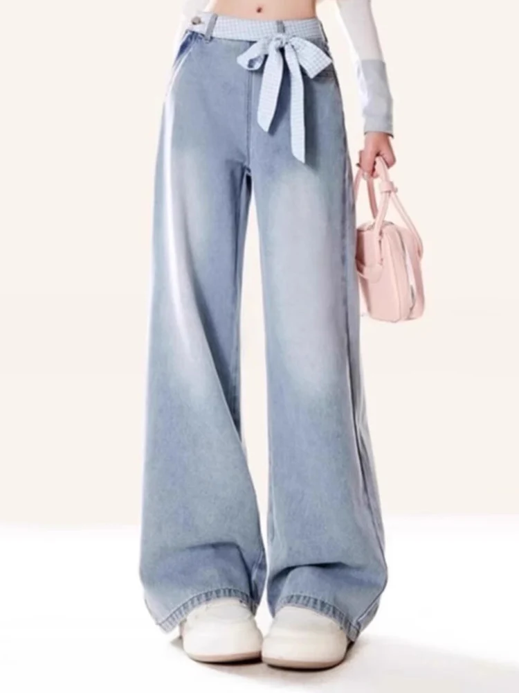 Y2K Wide Leg Jeans Women Plaid Bow Tie Spring Summer Loose Casual Straight Leg Mop Pants