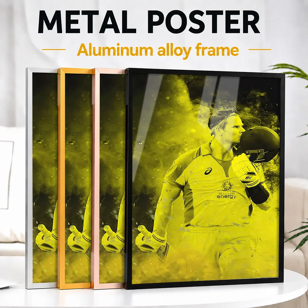 Cricket Player In Yellow Metal Poster With Aluminum Alloy Frame Personalized Photo Dynamic Match Style Wall Art For Sports Bar