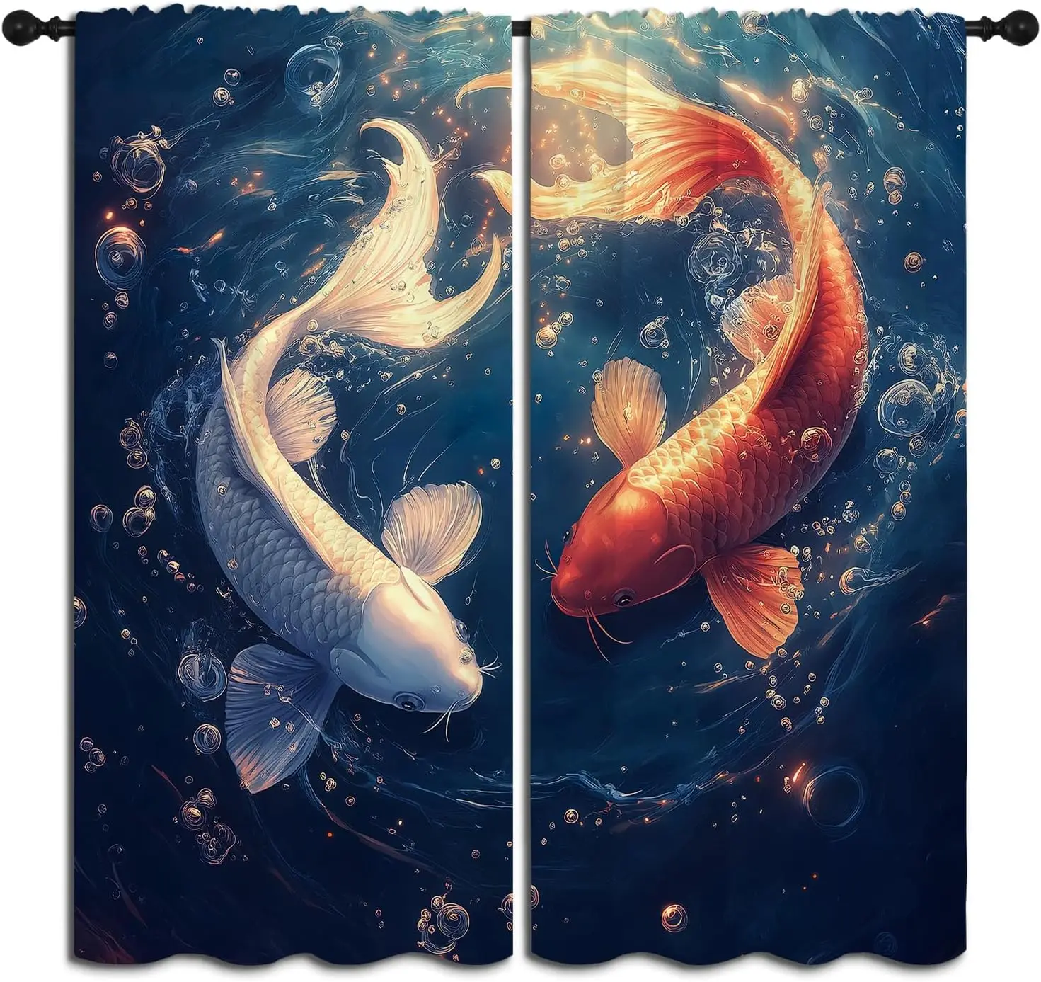Japanese Koi Fish Boy Girls Blackout Curtains,Asian Traditional Art Style, 2 Panel Rod Pocket Thermal Insulated Drapes  Bedroom