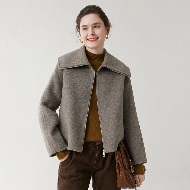 100% Wool Coat Autumn And Winter New Large Lapel Short Style Fashionable Casual Korean Version Women'S Coat Loose Zip-Up Top