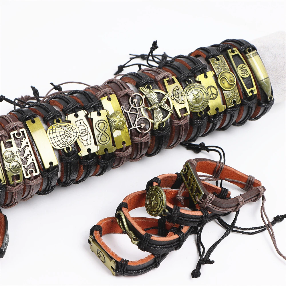 Wholesale 10/20/30/50/100Pcs/Lot Vintage Cuff Alloy Leather Bracelets For Men Women Unisex Copper Mix Styles Handmade Jewelry