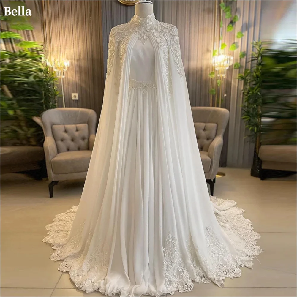 Bella Luxury White Long Sleeve Wedding Dress Chiffon A-line Customized vestidos de fiesta Pearl Detachable Shawl فساتين سهرة