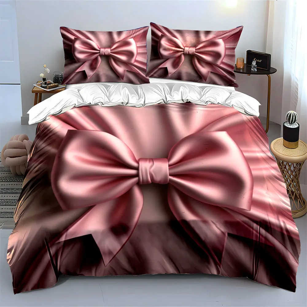 Luxury Pink Satin Bow Silk Bedding Set, Glossy Shiny Ribbon Bow Solid Print Duvet Cover Set, Elegant Bed Linen For Wedding Room