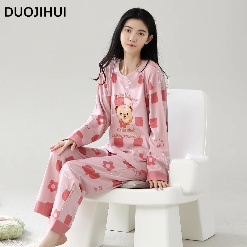 DUOJIHUI-قطعتين طباعة منامة مجموعة للنساء ، س الرقبة البلوز ، الأساسية بسيطة بانت ، فضفاضة Casual ، الإناث الموضة ، الخريف ، جديد