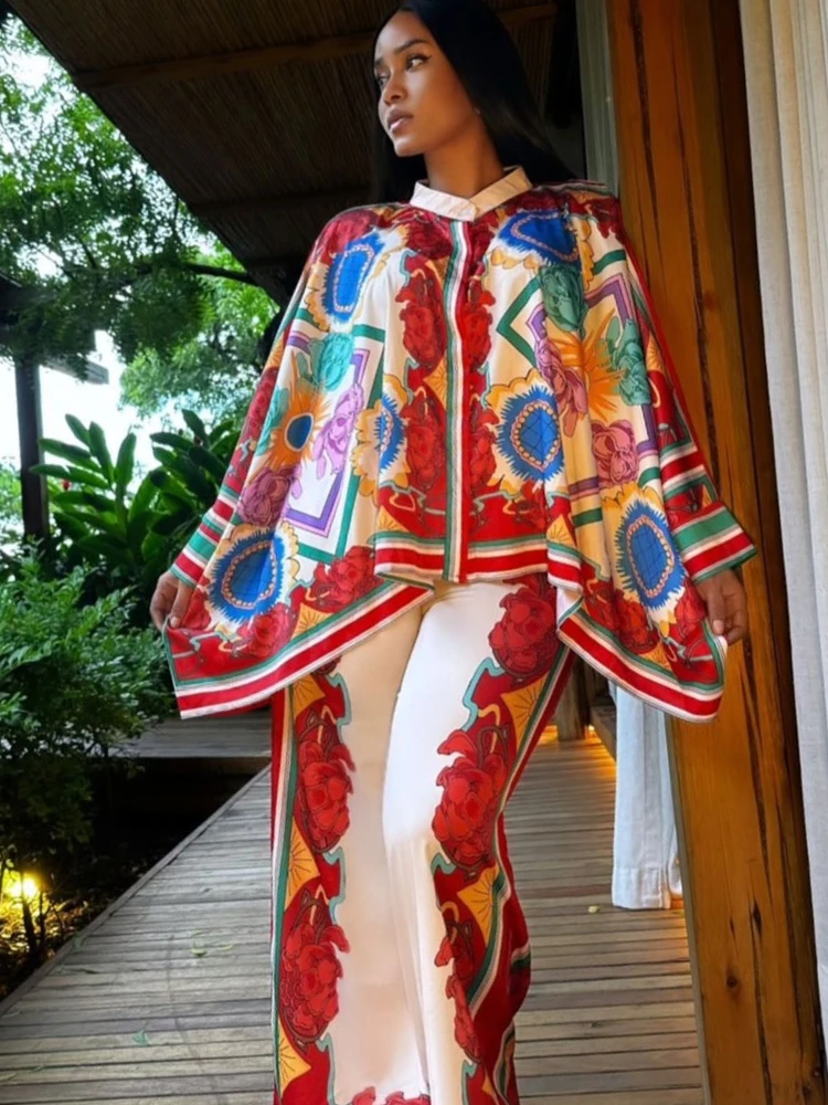 

ZBZA Women's Irregular Printed Bat Shirt Pants Suit Loose O-neck Single Breasted Top Elastic Waist Straight Pants Summer New Set