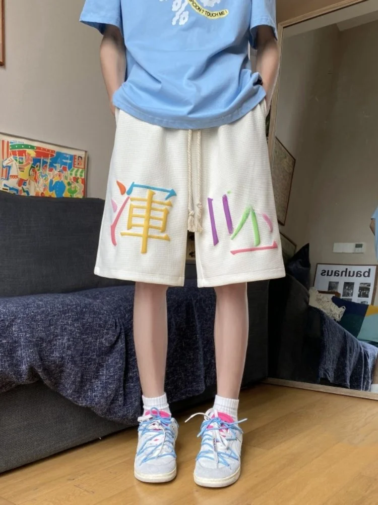 

Мужские повседневные брюки оверсайз длиной до колена с текстовым принтом, летние спортивные дышащие свободные брюки прямого кроя