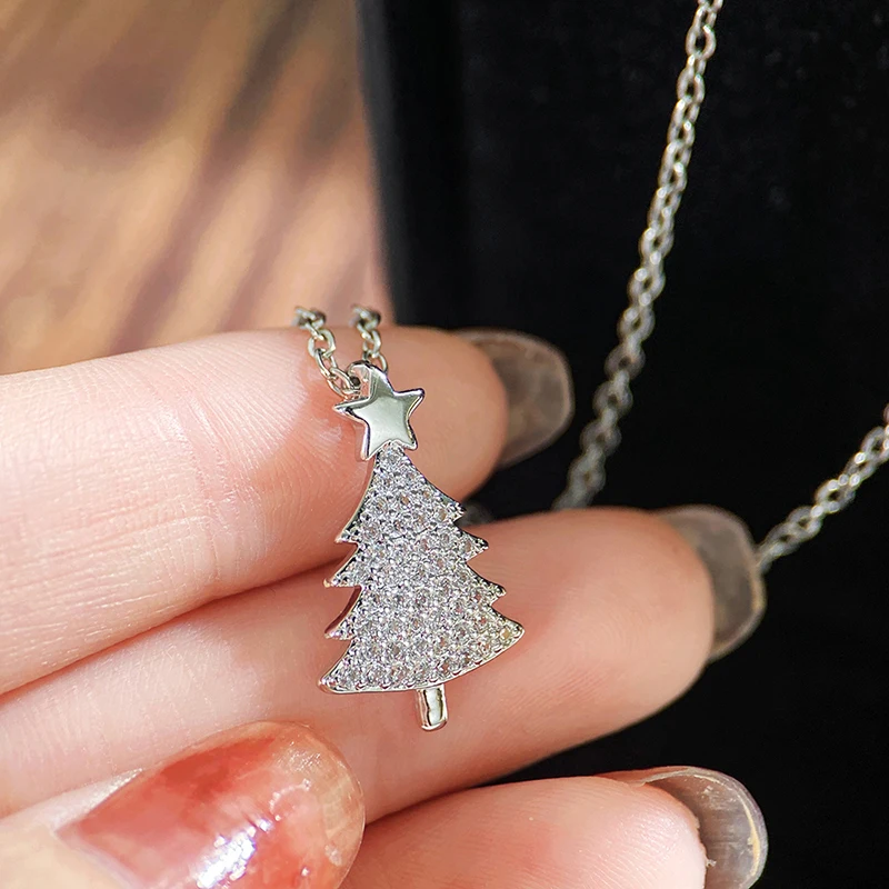 Huitan Christmas Tree Pendant Necklace for Women Star Trendy Festival Accessories Full Bright CZ Party Aesthetic Jewelry Gift