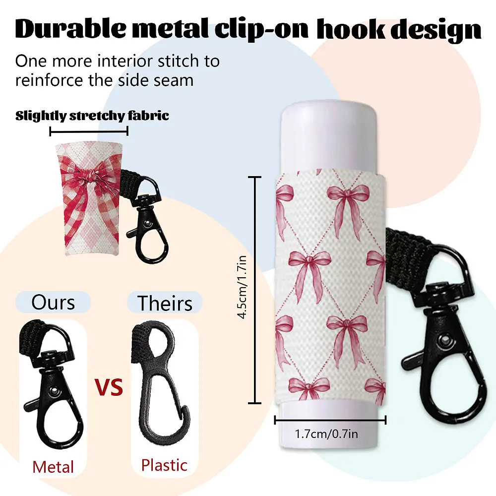 10Pcs Lip Balm Holder Keychain Portable Bowknot Lipstick Holders Pouch with Metel Clasp Cute Clip on Lip Gloss Keychain Sleeve