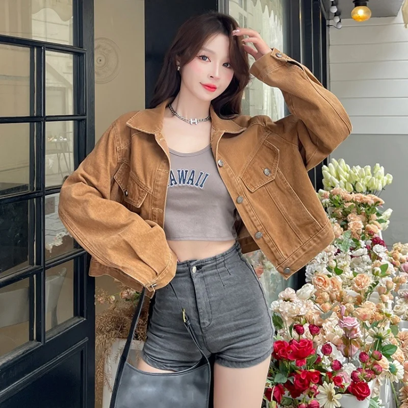 

Women's Spring Autumn Brown Denim Jacket, Brown Jeans Jacket, Long-sleeve, Single-breasted, Button-cuffs, Demi-season Denim Tops
