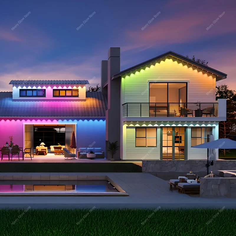 Luci esterne permanenti 200FT/60M Luci per grondaia impermeabili App Bluetooth Funzione timer Modalità scena multiple per decorazioni natalizie
