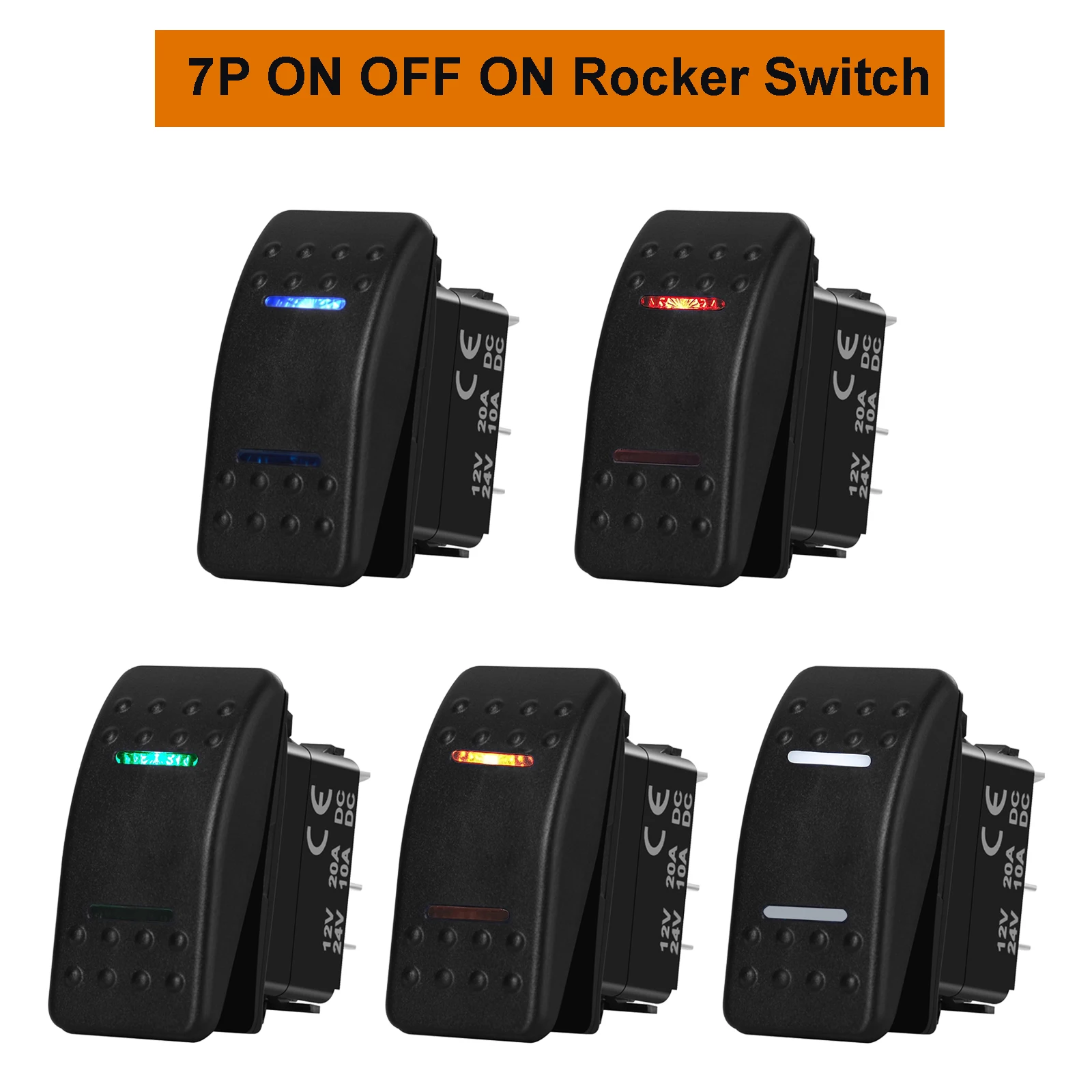 7-Pin DPDT Rocker Switch ON-OFF-ON 12V/20A 24V/10A IP67 Waterproof Dual LED Light Bar for 4x4 Winch Marine Boat Truck RV Caravan