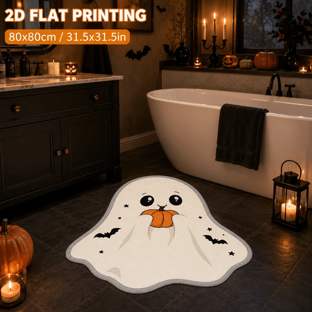 VIKAMA Cute Ghost Shaped Bath Mat Halloween Pumpkin Bat Star Print Washable Soft Rug for Bathroom Indoor Home Festival Decor Rug