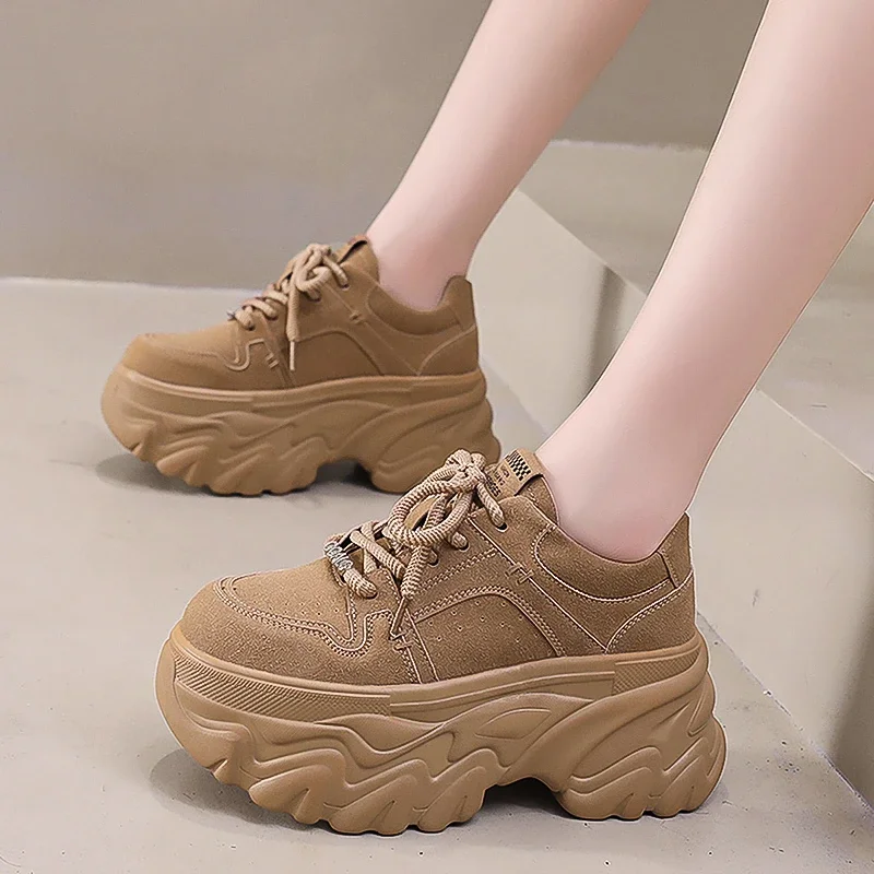 

New 2024 Autumn Women High Platform Shoes Wedge Heels 8CM Casual Shoes Height Increasing Chunky Sneakers Women Leather Shoes