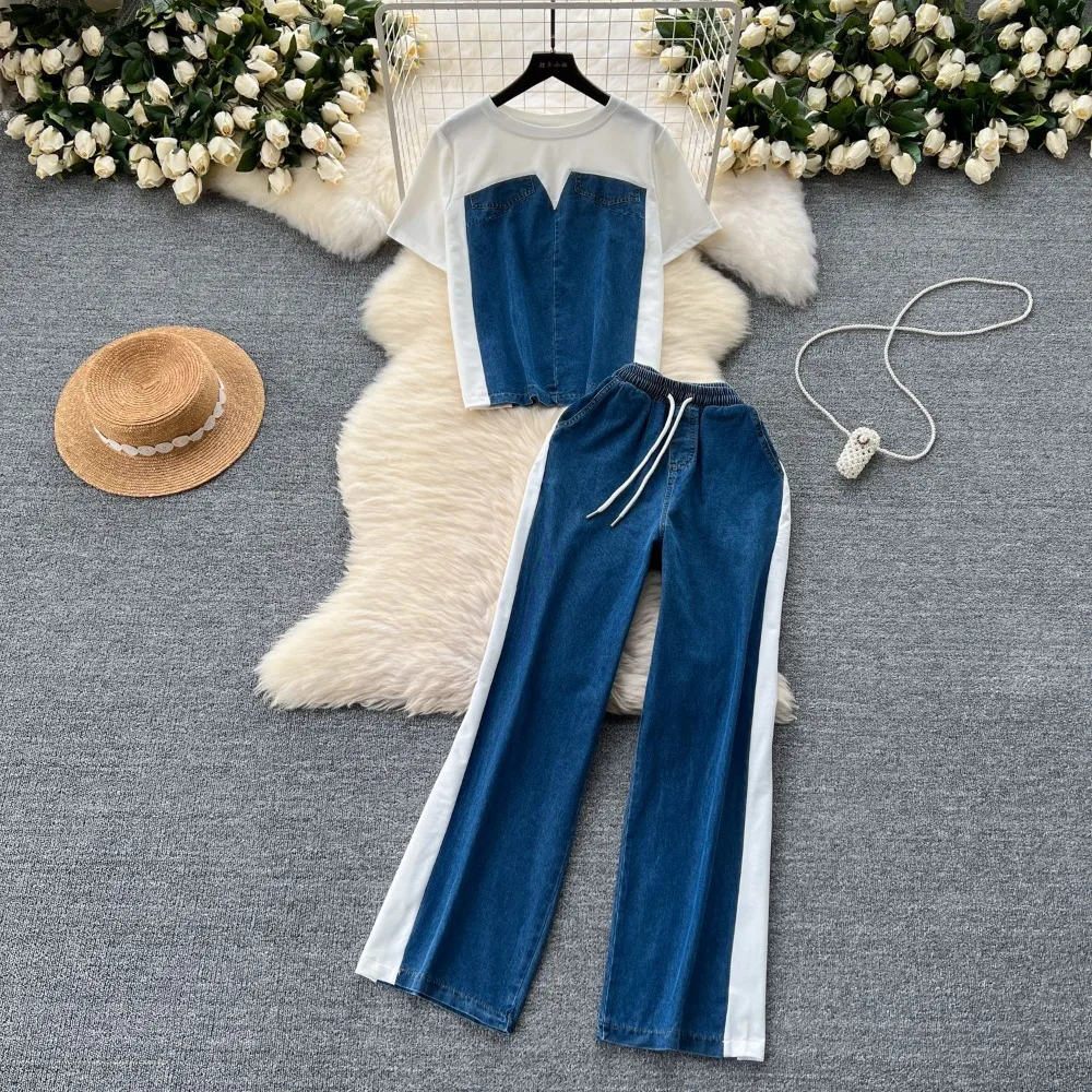 

Denim 2 Piece Sets Women Jeans Suit Shirt Wide Leg Pants Zipper Lace Up Patchwork Trousers Outfits Ensemble Summer 2025