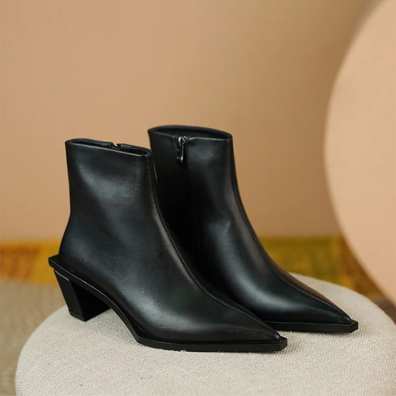 

Black Chelsea Boots Women's Genuine Leather Short Boots 2025 New 5cm Mid High Heels Pointed Toe Boots British Fashion Shoes