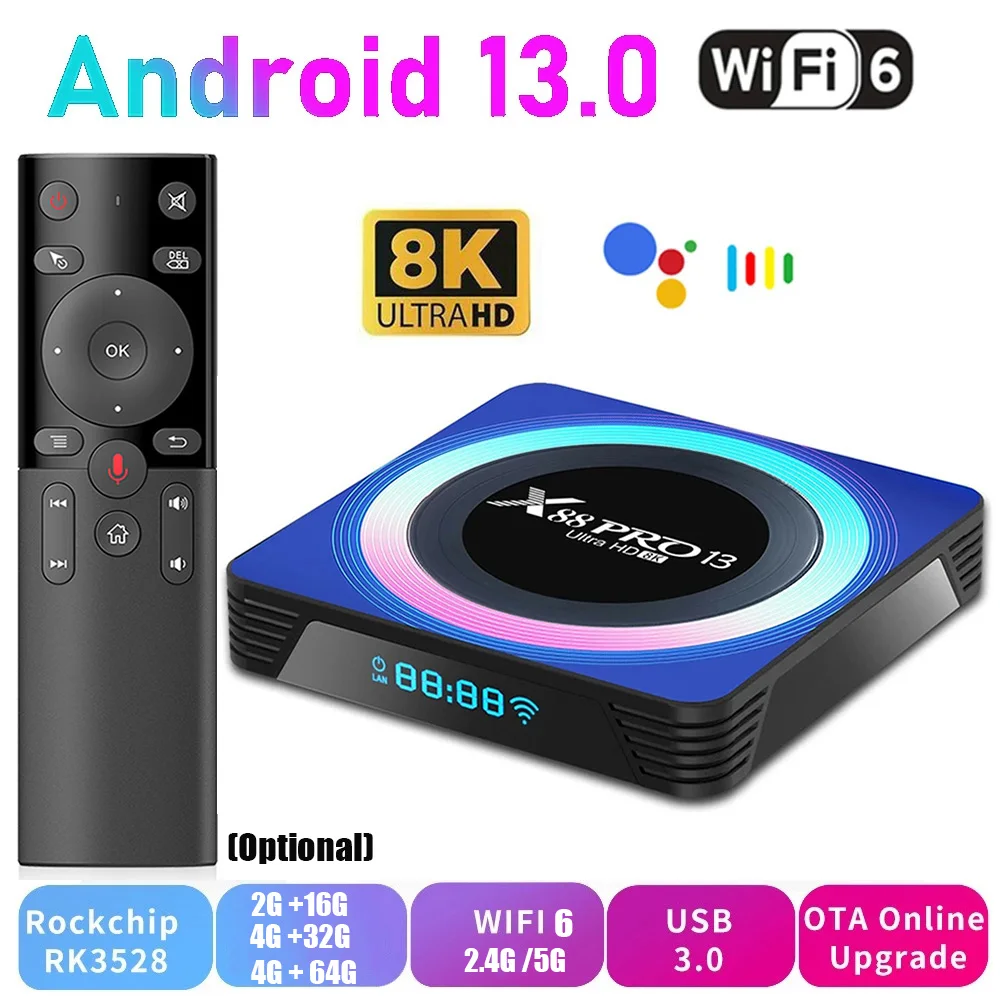 X88 PRO 13 Smart TV Box Android 13 TV Box 8K HD WIFI6 Set Top Box BT5 OTA aggiornamento IPTV RK3528 Quad-Core 64bit Mali450 MP2 Media