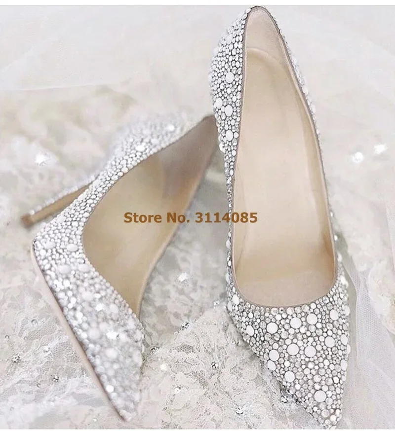 

Women Hot Selling Silver Bling Bling Crystal Wedding Shoes Stiletto Heels Shallow Pointed Toe Rhinestone Pumps Glittering Shoes