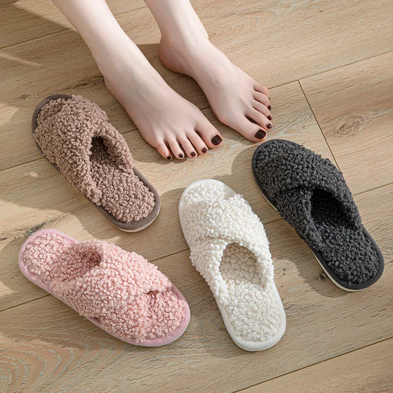 Fashion Cross Strap Fuzzy Slippers Women Indoor House Non Slip Warm Plush Woman Slippers Winter Comfort Soft Sole Cotton Slides