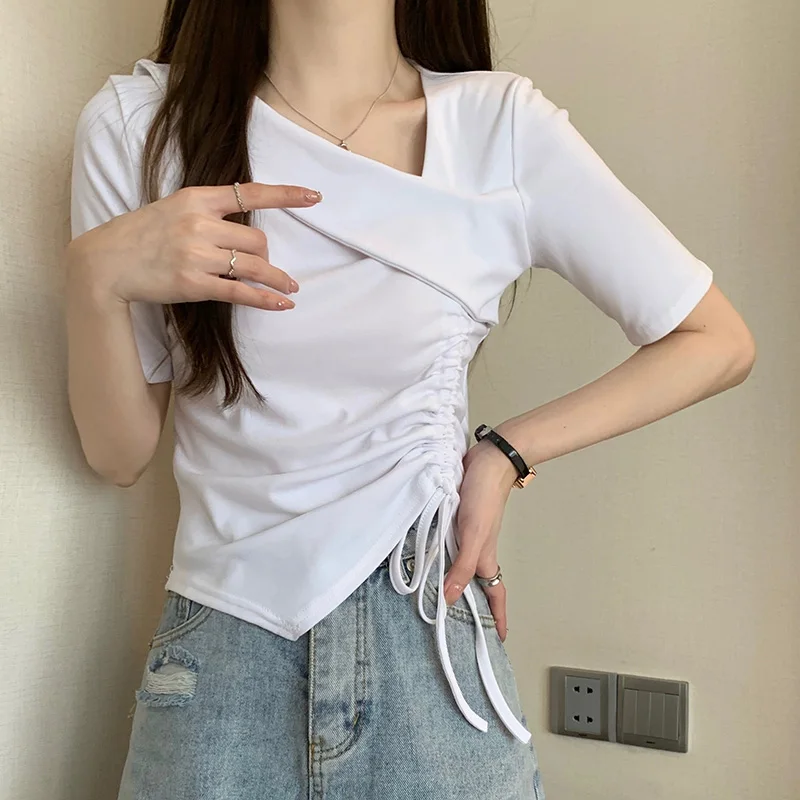 Women Drawstring Tie Up Ruched Tops Lady Daily Office Short Sleeved T-shirts Female Outside Casual Skew Collar Designer Clothes