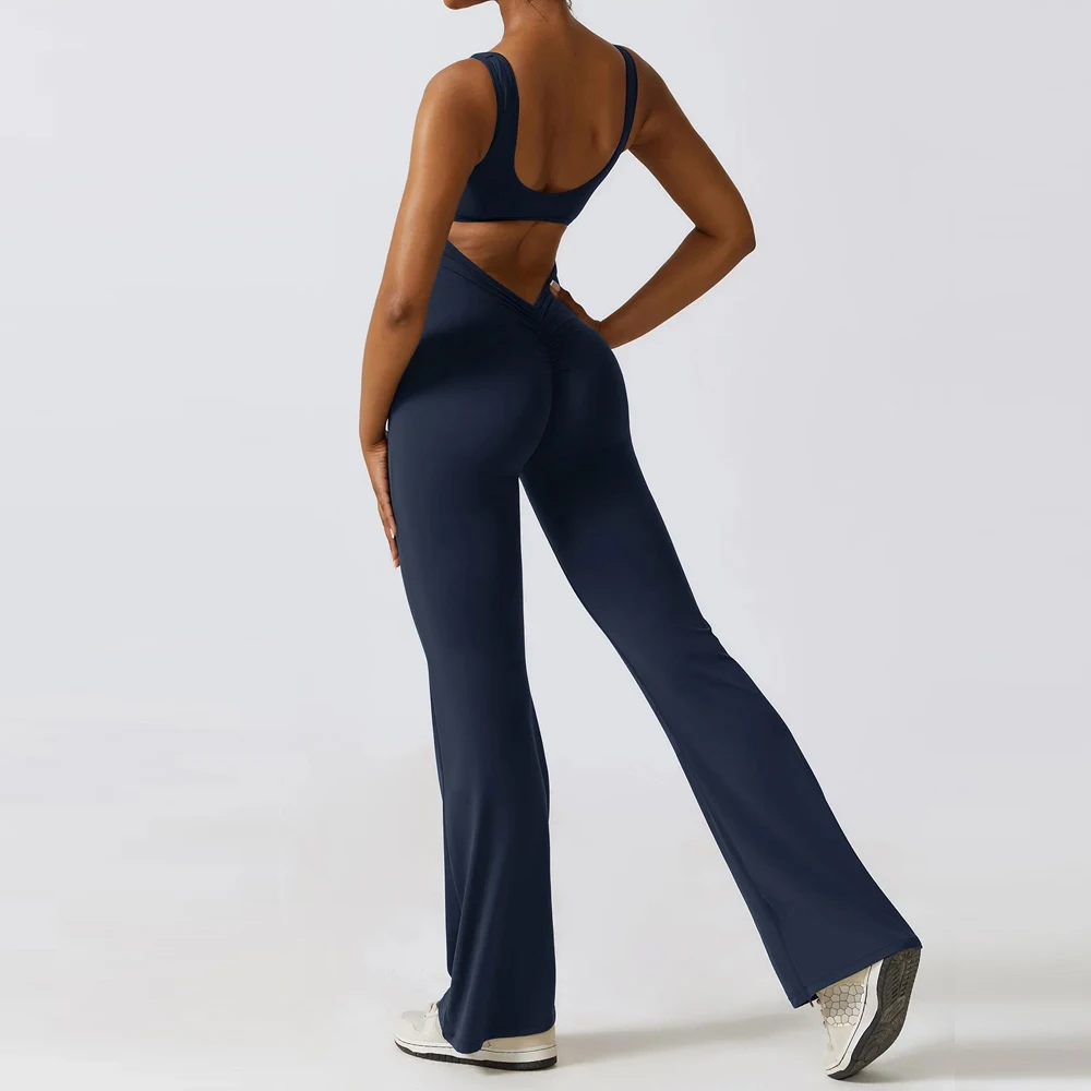 

Сексуальный комбинезон с открытой спиной и эффектом сборки, расклешенный, для спортзала, повседневный, женский, цельный, для йоги, танцев, черный, фитнес-комбинезон