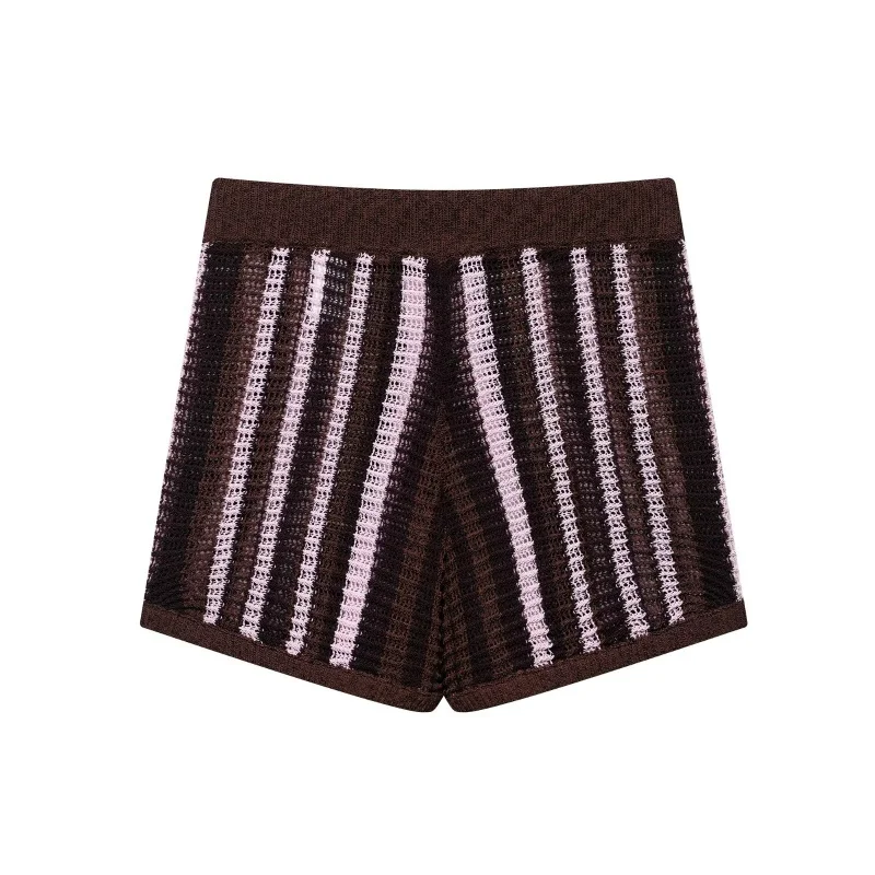 여성 빈티지 니트 스트라이프 반바지 세트 폴로 칼라 반팔 풀오버 스웨터 하이 웨이스트 스트레이트 반바지 여름 streetwear