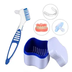 Portable Double-layer Storage Box Denture Box Bath Dentures Container with Basket Denture Case Cleaner Brush