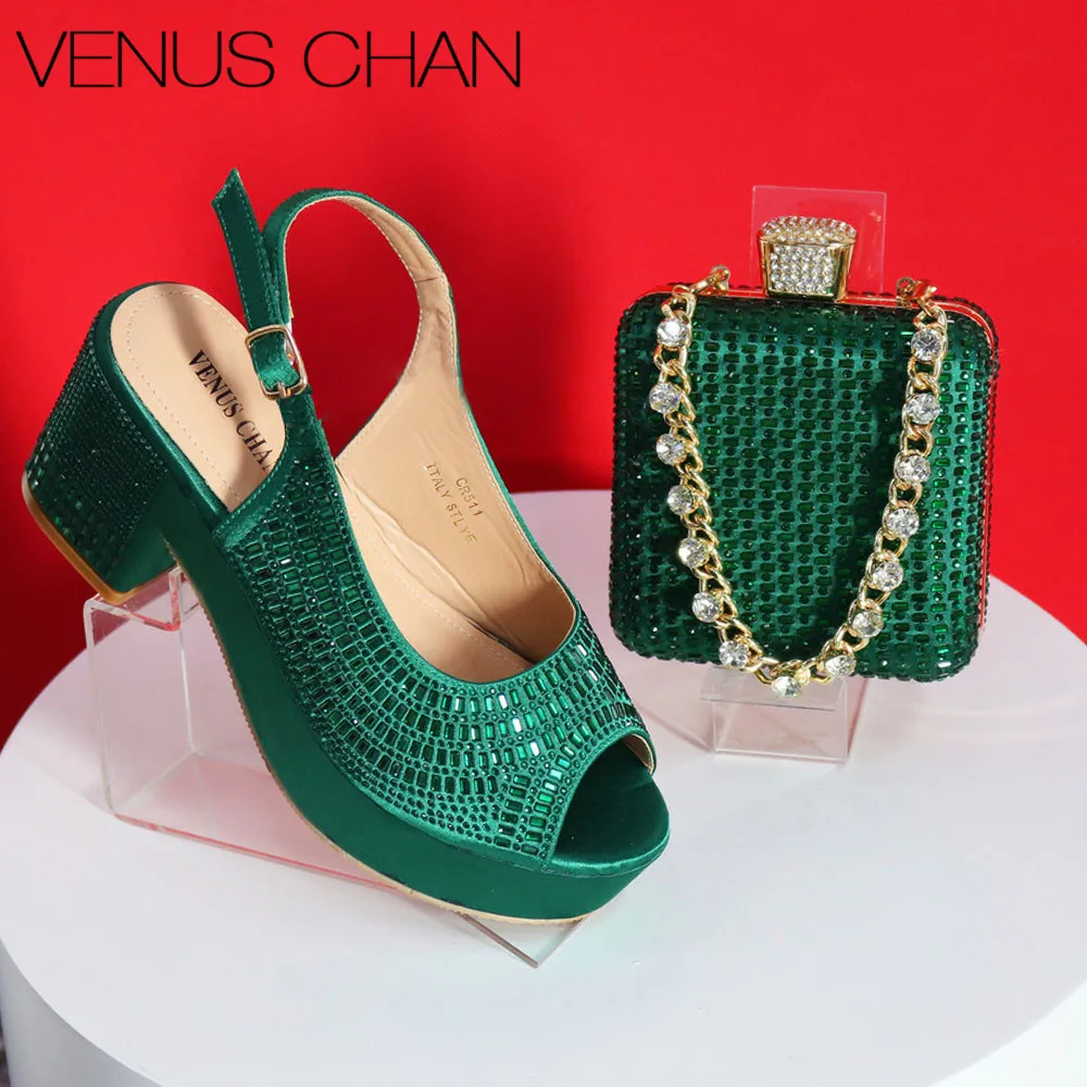 High Quality Green Color Hot Selling Comfortable Heels Ladies Elegent Sandals Matching Handalbag Set For Party Pump