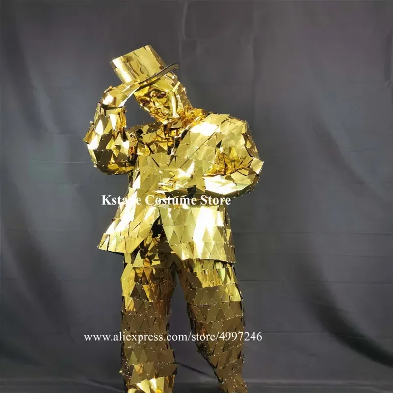 Robot men gold color mirror men suit club perform catwalk wears mirror dance costumes disco show jacket dj mirror hat outfit