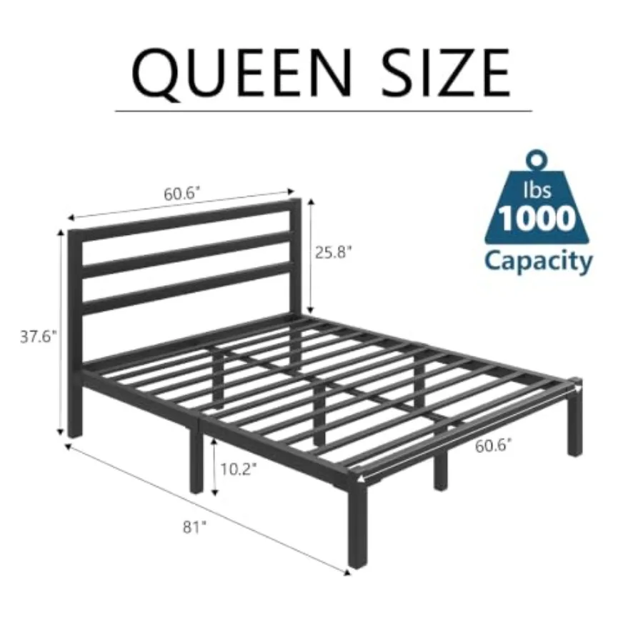 Size Metal Bed Frame with Headboard, Metal Slats for Bedroom, Black Steel, Heavy-Duty Support and Noise-Free Design