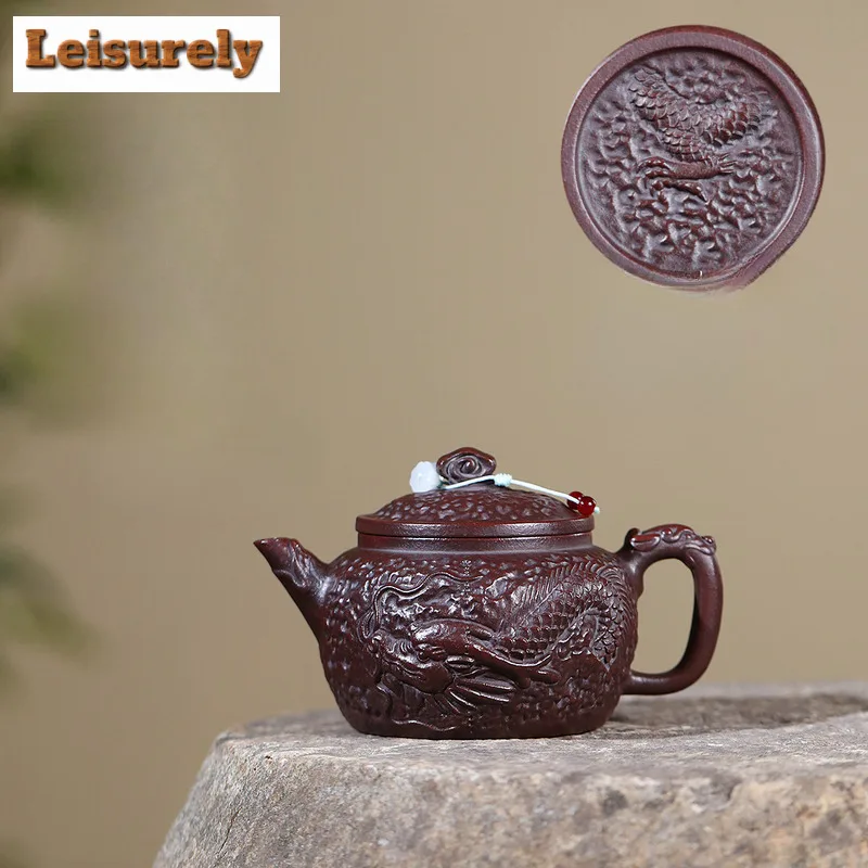 

360ml Yixing Purple Clay Teapots Handmade Dragon Grain De Bell Pot Raw Ore Antique Brass Mud Kettle With Infuser Zisha Tea Set