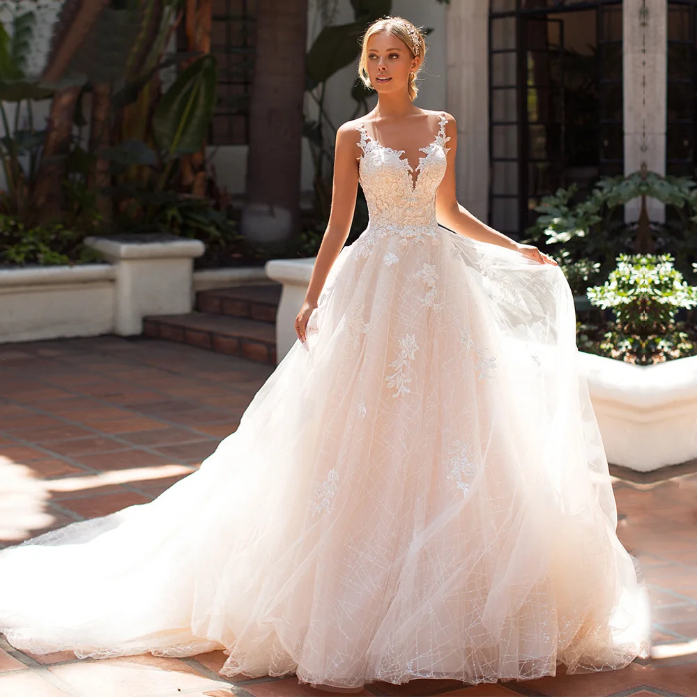 Elegant Puffy Wedding Dresses Sheer Straps Lace Appliques Buttons Illusion Back Birde Bridal Gowns Vestido De Novia