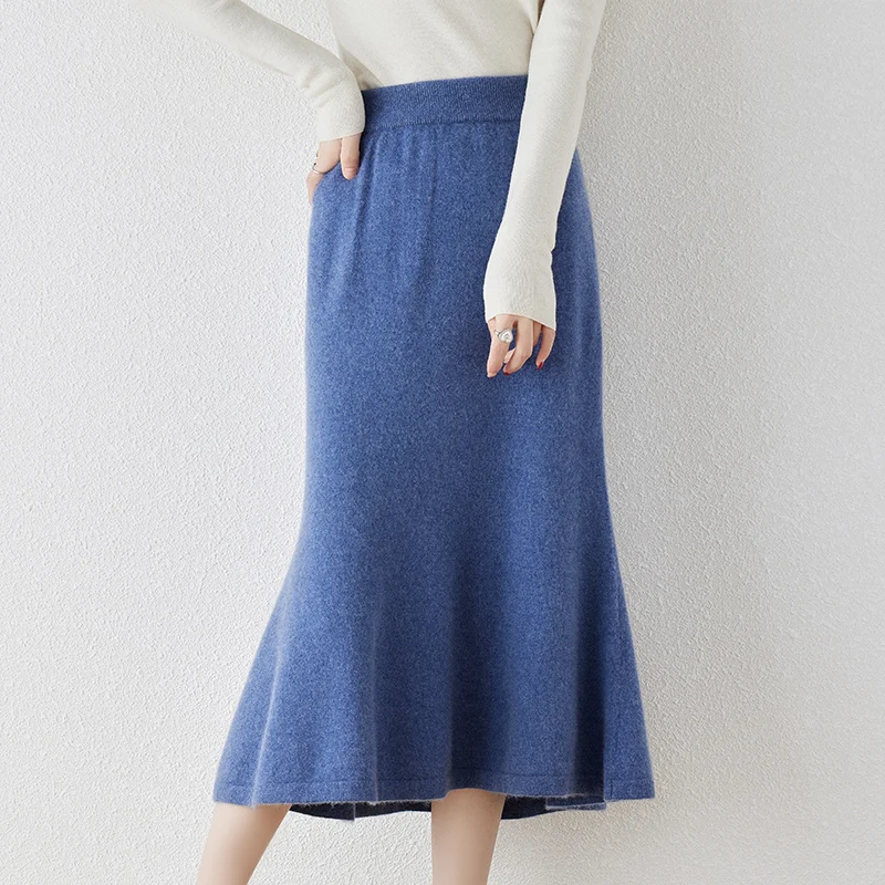 

New Autumn Winter 100% Wool Knit Skirt Women's Solid Color High Waist Skirt Female Fashion Fishtail Skirt Ladies Cashmere Skirt