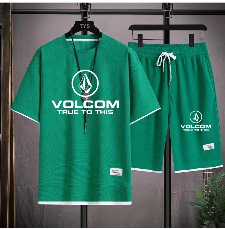 2024 VOLCOM New Man Tracksuits 2 Piece Short Sleeve Suits Printing T-shirt +Sweatpants Sets Sutdent Casual Summer Sport Clothes