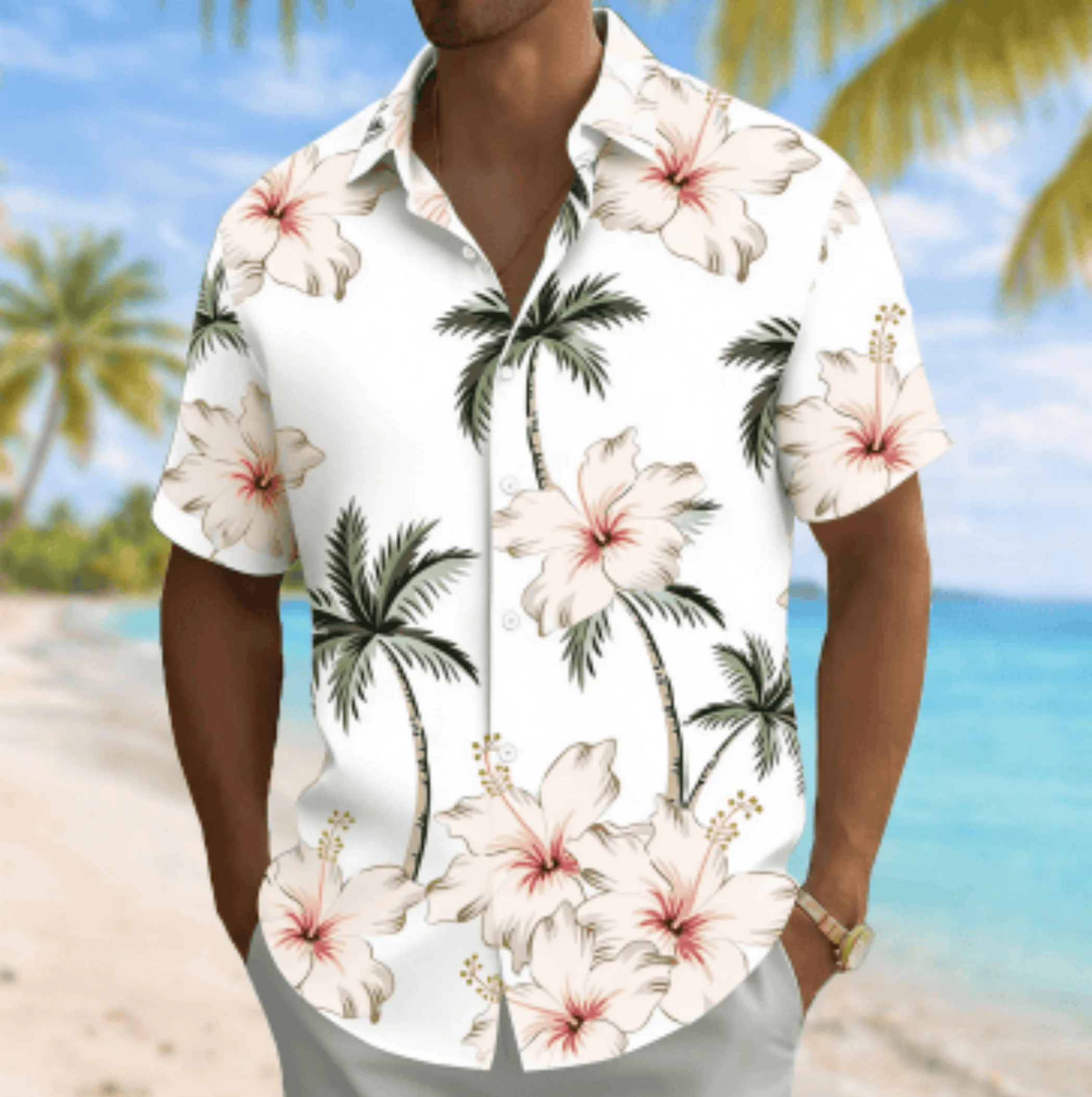 

Men's White Hibiscus & Palm Tree Print Short Sleeve Shirt, Spring Summer Hawaiian Vacation Blouse, Turn-Down Collar Loose Top
