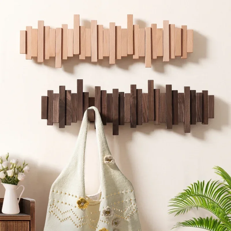 Foldable Wood Wall Coat Rack Space-Saving Clothing Holder Hangers for Living Room Coat Hat Shelves Hooks Practical Storage