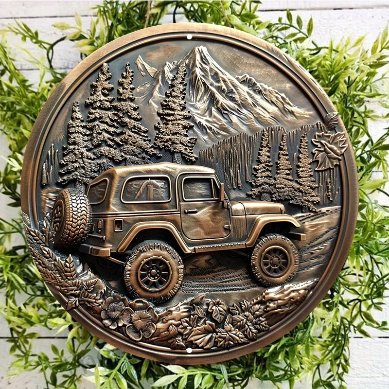 Waterproof Aluminum Metal Round Sign Jeep and Trees Diameter HD Printed Wall Decor for Home and Outdoor Use Weather Resistant