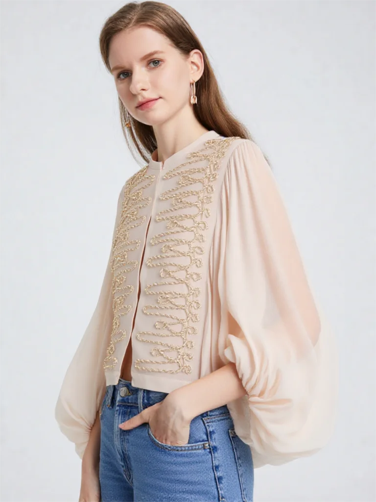 Summer Women's Vintage Decorative Romantic Frog Fastening Shirt Women Lantern Sleeve Round Neck Crop Loose Elegant Tops Brand