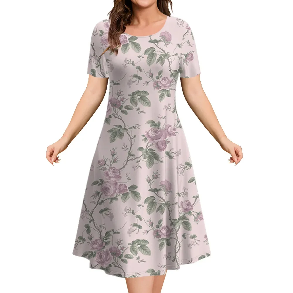 

Summer Women's Dress Loose Fashion Dress Flower Print Short Sleeve Knee Length Dress Y2k Round Neck Dress Women's Casual Wear