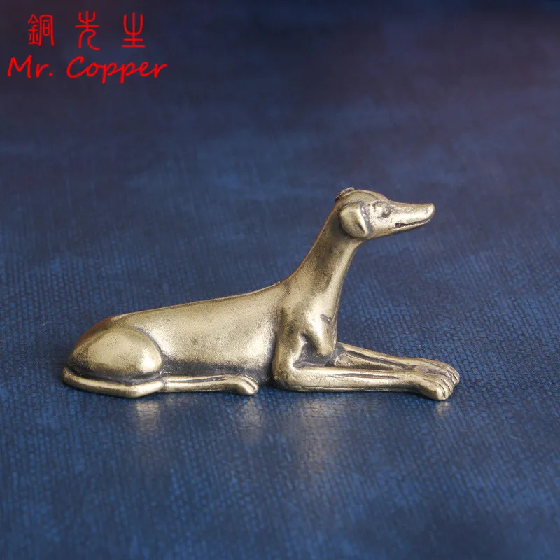 Vintage Brass Lying Hunting Dog Figurines Desktop Ornament Lucky Zodiac Animal Statue Tea Pet Home Decoration Crafts Accessories