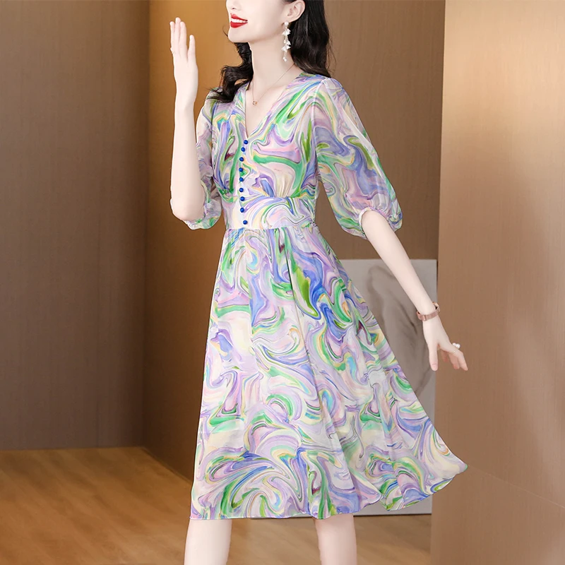 

Women's Spring Autumn Flicker Chiffon Fashion Loose Dresses Stand Collar Rhinestone High Waist Elegant Dress Short Sleeve
