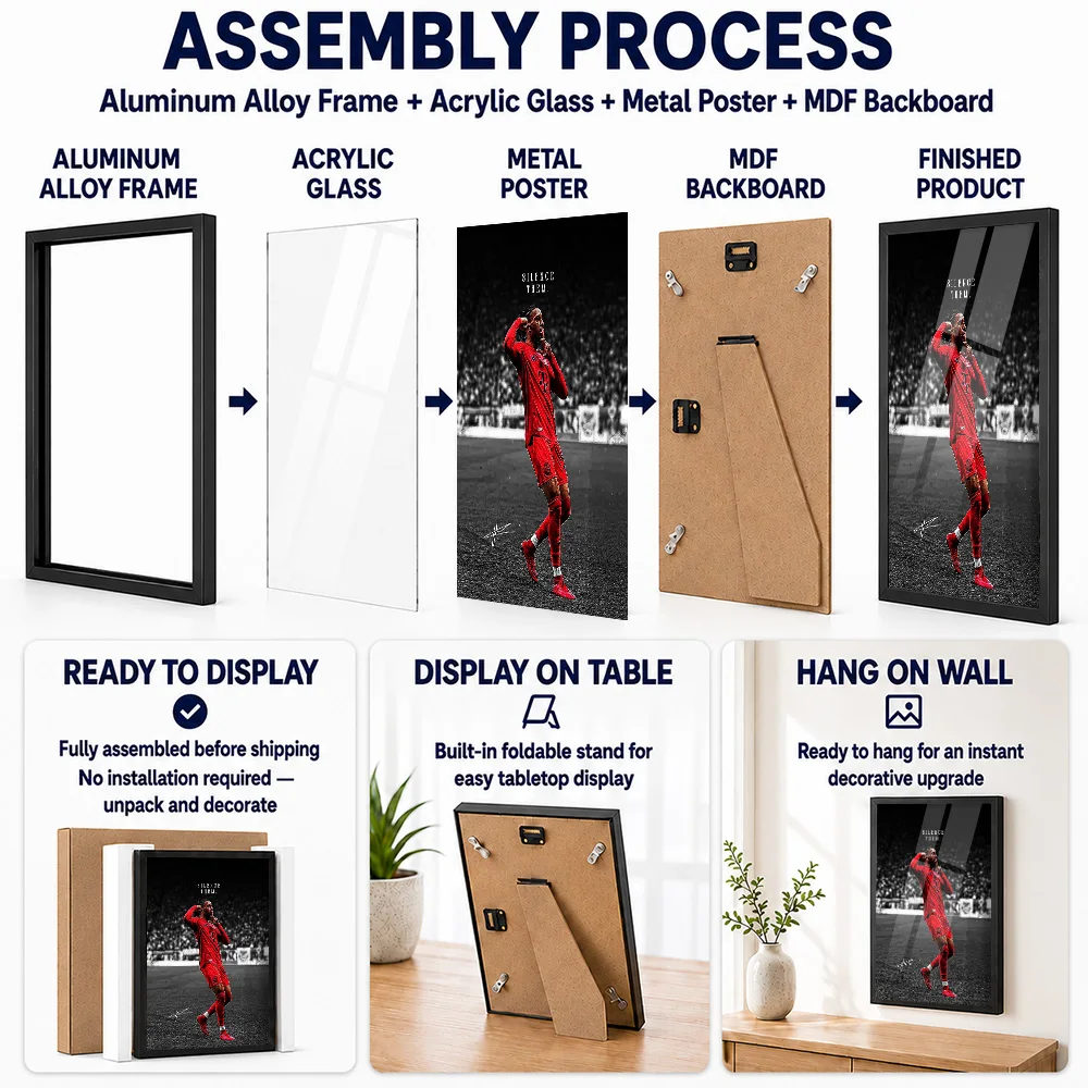 Footballer In Red Kit Silencing Crowd Framed Metal Print Personalized Photo Victory Celebration Style Wall Art For Home Office