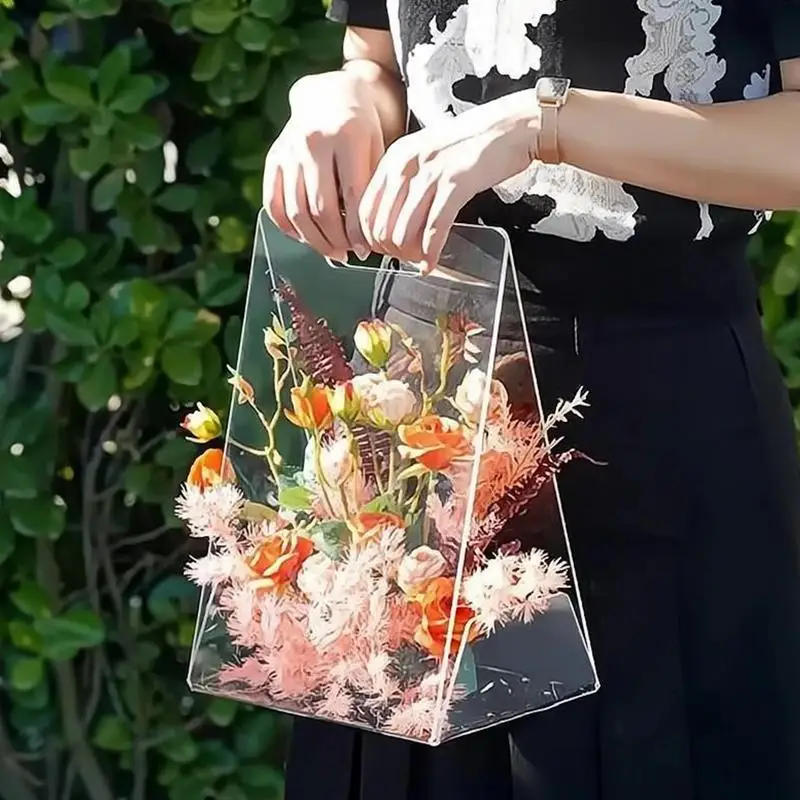 Transparent Flower Bags Acrylic Clear Portable Flower Basket Reusable Shopping Bags Creative Florist Supplies Packaging For