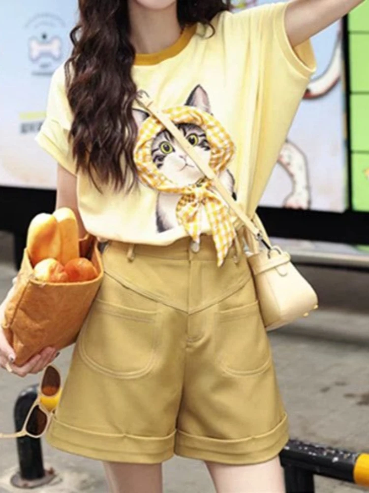 Summer Kawaii Chic Casual 2 Piece Set for Women Cat Print O-Neck Tops + Solid All Match Shorts Streetwear Daily Female Outfits