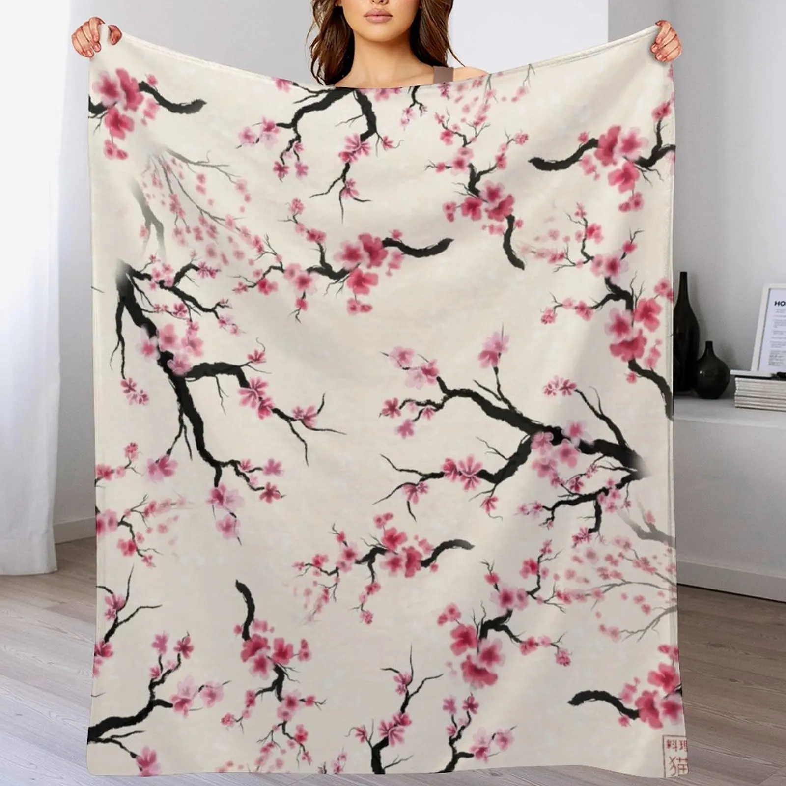 

Watercolor sumie hanami sakura cherry blossoms pattern Throw Blanket Loose Thins Bed covers Blankets